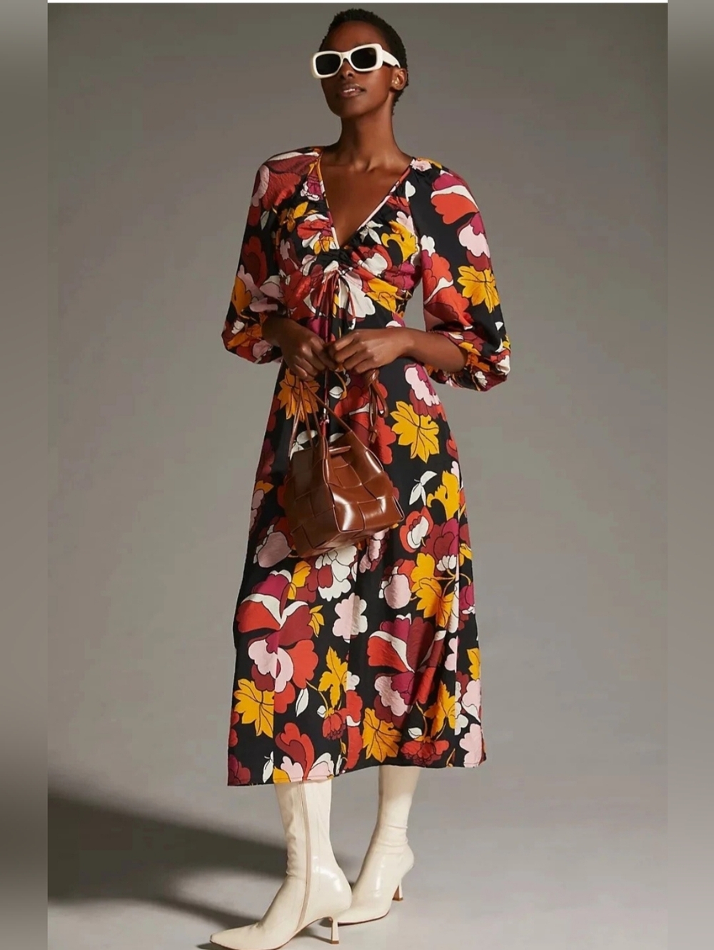 Anthropologie Maeve Vibrant Floral Long Sleeve Deep-V Ruched Midi Dress sz 4